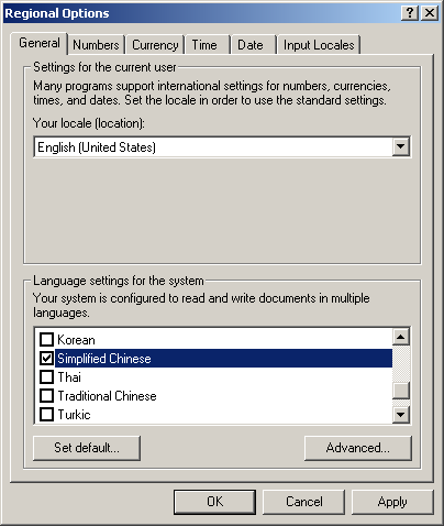 Windows 2000 'Regional Options' dialog box